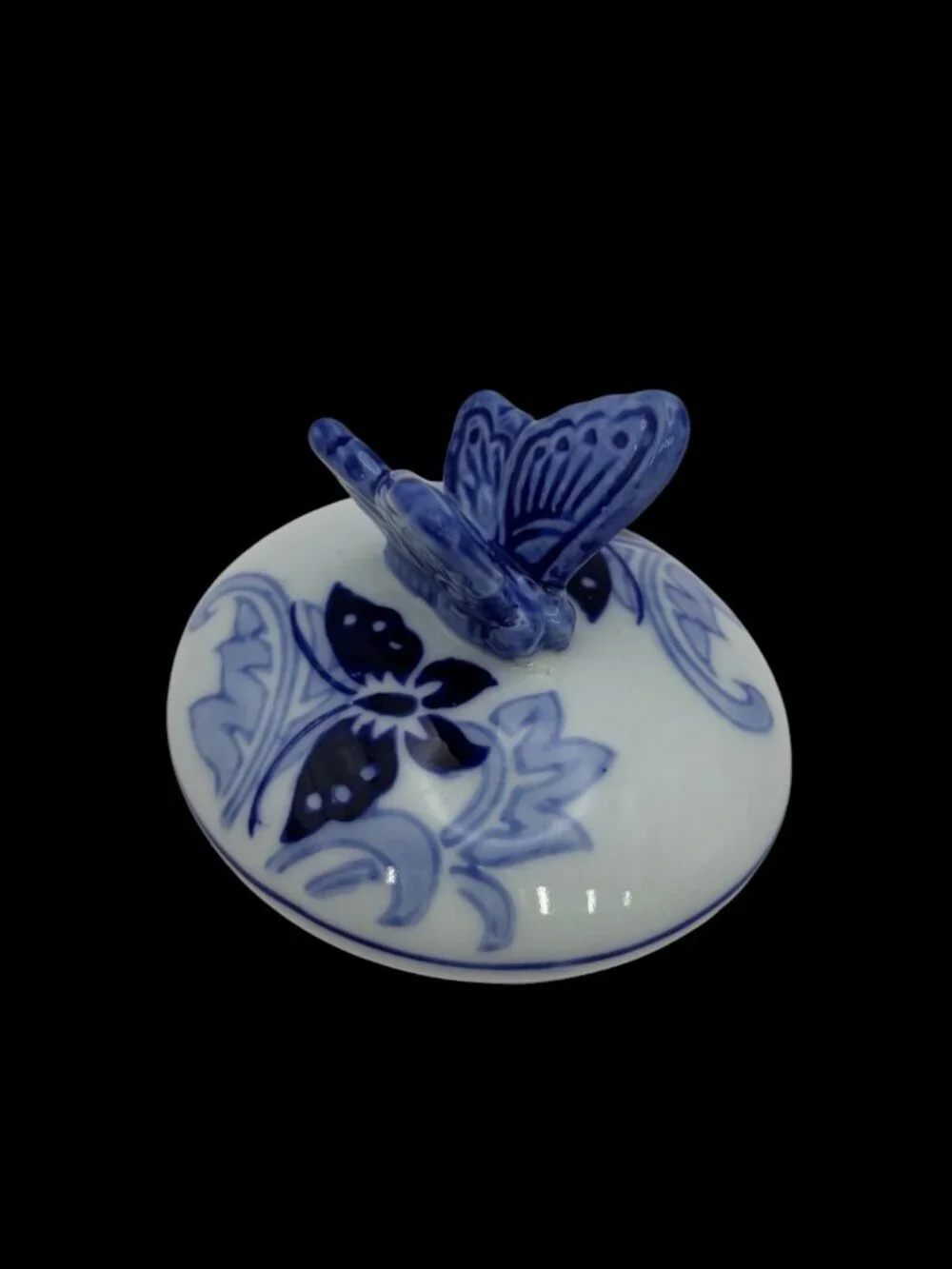 Pier 1 Imports Hand Painted Porcelain Teapot Blue White Floral Butterfly W\Lid